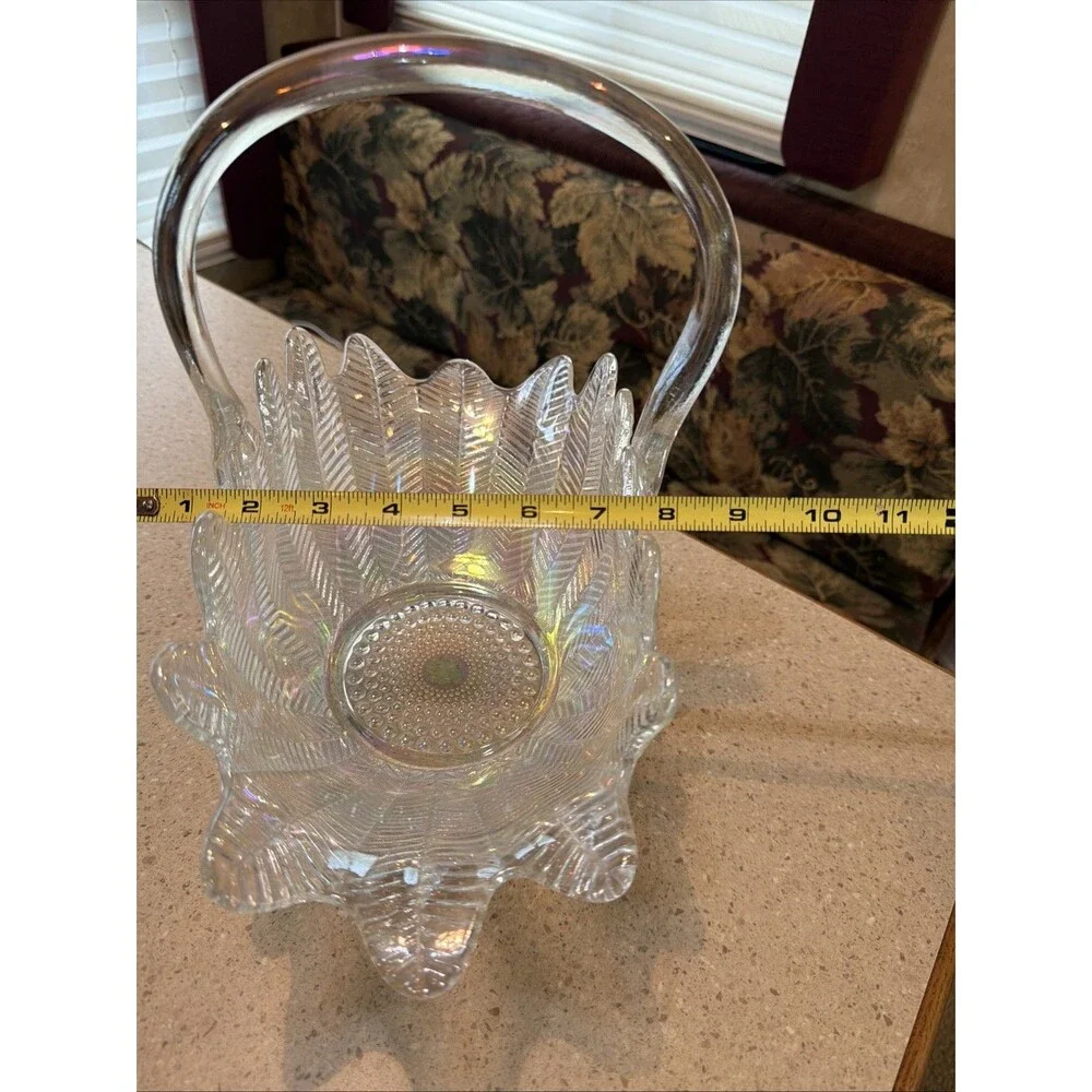 LE Smith Clear Glass Feather Pattern Basket Scalloped Edge Applied Handle. 13.5”